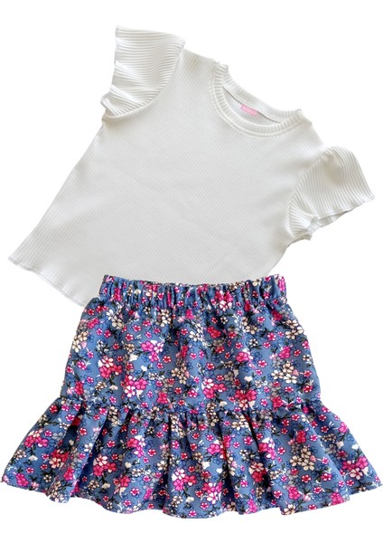 Kız Çocuk Etekli Takım, Pamuklu Çiçekli Etek, Pamuklu Fitilli Ekru T-Shirt fiyatları