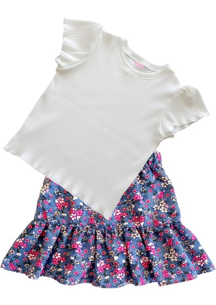 Kız Çocuk Etekli Takım, Pamuklu Çiçekli Etek, Pamuklu Fitilli Ekru T-Shirt modelleri