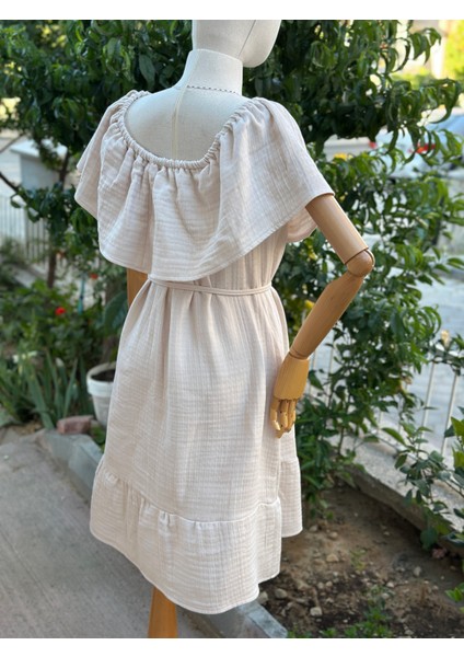 Kadın Müslin Kumaş Fırfırlı Bej Elbise modelleri