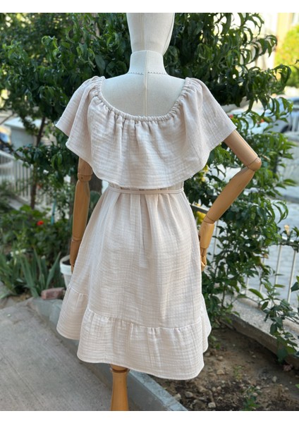 Kadın Müslin Kumaş Fırfırlı Bej Elbise fırsatları