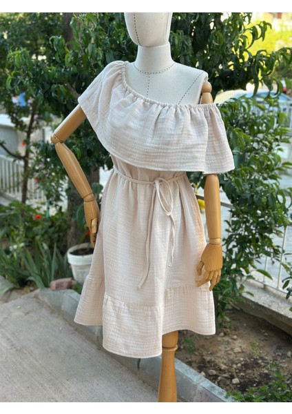 Kadın Müslin Kumaş Fırfırlı Bej Elbise indirimleri