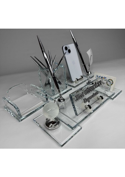 Vıp Şeffaf Cam Masa Isimlik Ful Set Hediyelik Deri Kutu ve Kabartma Yazılı fırsatları