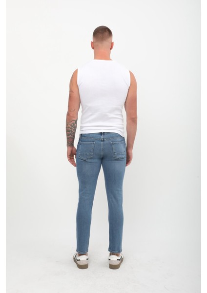 Erkek Slim Fit Normal Bel Düz Kesim Dar Paça Mavi Jean Pantolon modelleri