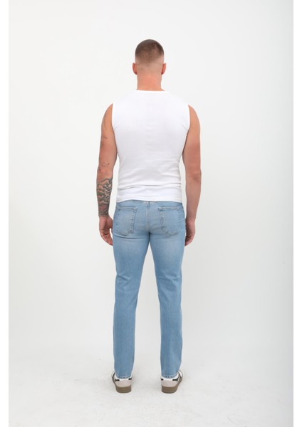 Erkek Slim Fit Düşük Bel Dar Kesim Dar Paça Likralı Açık Mavi Jean Pantolon modelleri