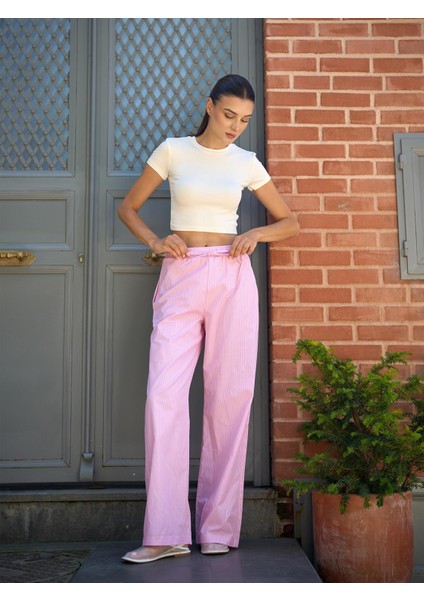 Çizgi Desen Poplin Pembe Bol Pantolon
