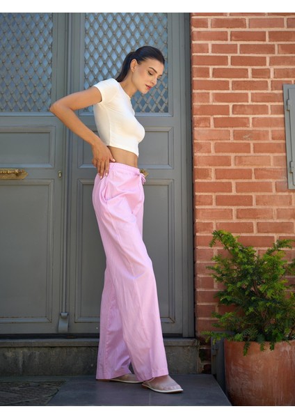 Çizgi Desen Poplin Pembe Bol Pantolon