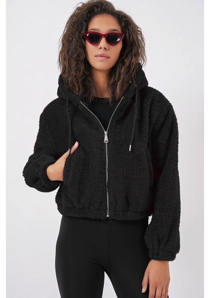 5193 Kapüşonlu Peluş Crop Ceket - Siyah