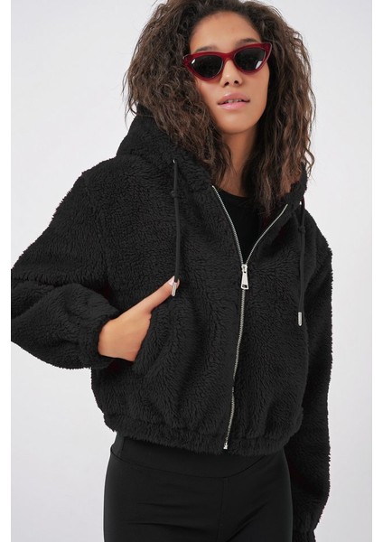5193 Kapüşonlu Peluş Crop Ceket - Siyah