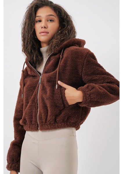 5193 Kapüşonlu Peluş Crop Ceket - Kahverengi