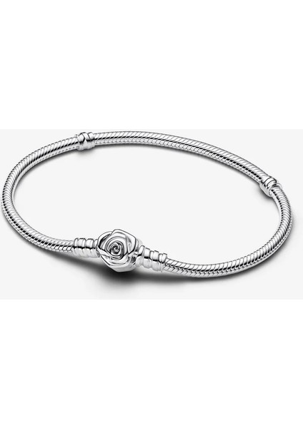 Pandora Moments Açan Gül Klipsli Yılan Zinciri Bileklik 925 Ayar Gümüş