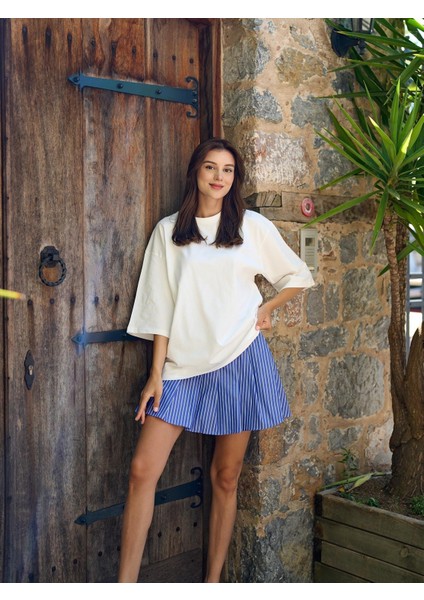 Pamuklu Oversize Basic T-Shirt Ekru