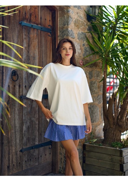 Pamuklu Oversize Basic T-Shirt Ekru