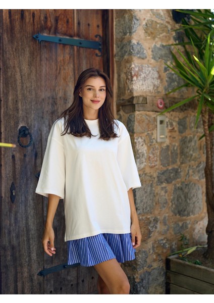 Pamuklu Oversize Basic T-Shirt Ekru