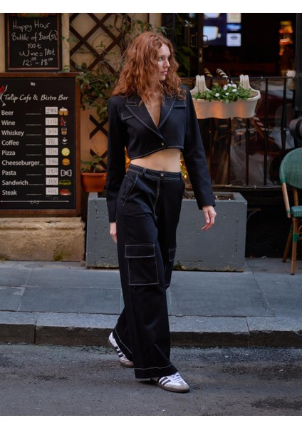 Gabardin Dikiş Detay Kargo Pantolon Siyah