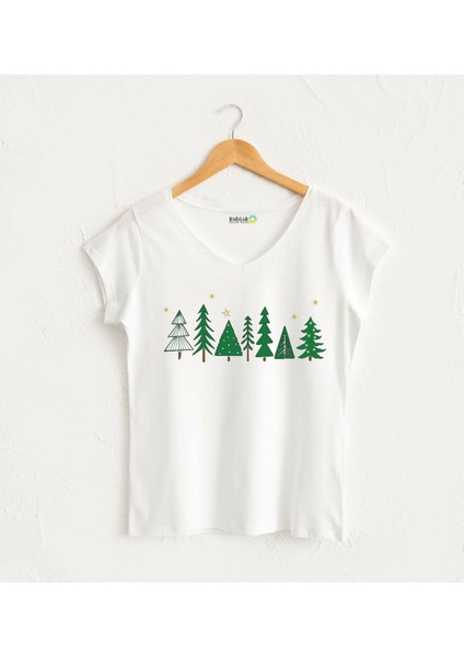 V Yaka Kadın Yılbaşı Tasarım T-Shirt