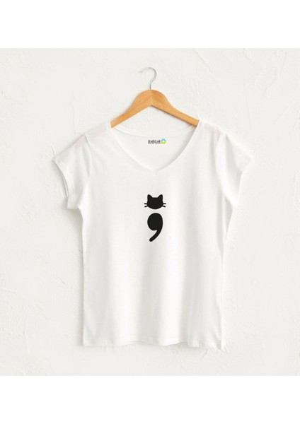 Noktalı Virgül Siyah Kedi Tasarım T-Shirt
