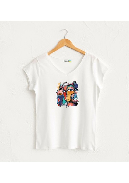 Popart Desenli V Yaka Kadın Tasarım T-Shirt