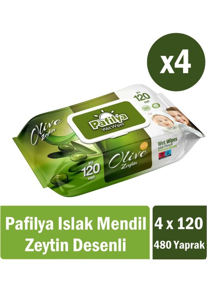 Zeytin Desenli Islak Havlu Mendil 4x120 (480 Yaprak) Tek Ebat