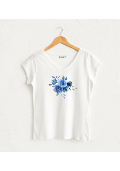 Suluboya Mavi Buket V Yaka Kadın Tasarım T-Shirt