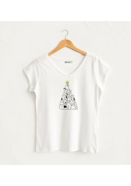 V Yaka Kadın Yılbaşı Kedili Tasarım T-Shirt