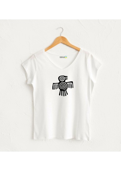 Aztek Kuş Görselli V Yaka Tasarım T-Shirt