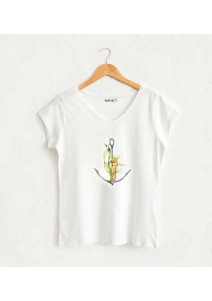 Çıpa Görselli V Yaka Beyaz Tasarım Kadın T-Shirt