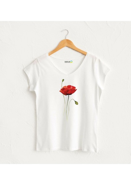 Gelincik Çiçekli V Yaka Kadın Tasarım T-Shirt