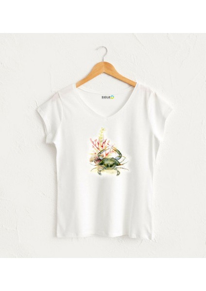 Yengeç Tasarımlı %100 Pamuklu Deniz Hazineleri Serisi V Yakalı Kısa Kollu Kadın Tshirt