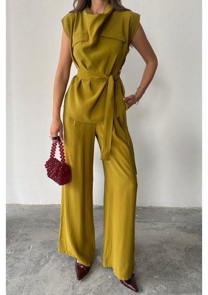 Tencel Modal Kolsuz Bluz Kapalı Cep Detaylı Dökümlü - Pantolon Takım - Yağ Yeşili