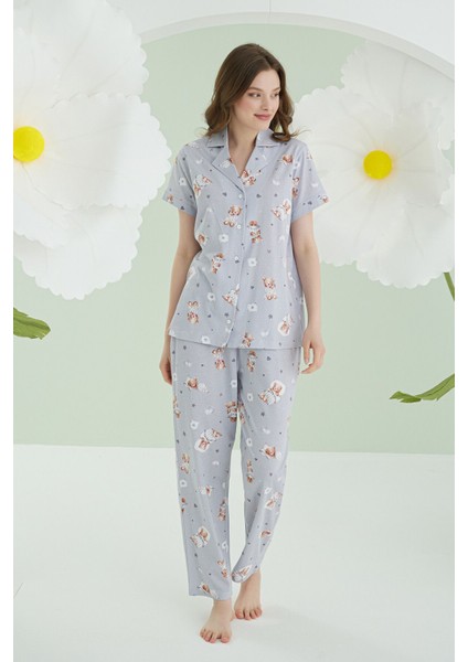 Nbb 68172 Kadın Grı Bear Heart Star Önden Düğmeli Pijama Takımı fırsatları