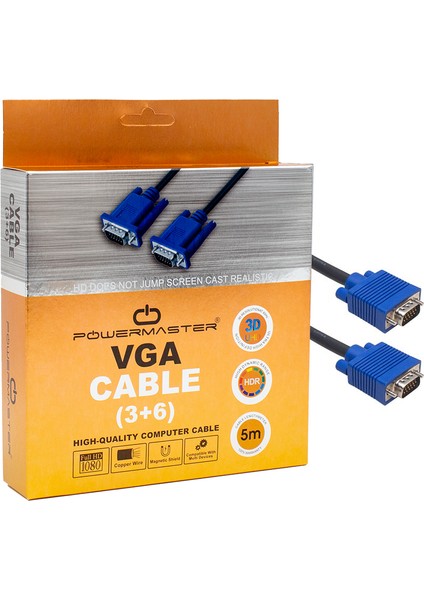 VGA Kablo 15 Pin 3+6 Erkek/erkek 5m Kutulu