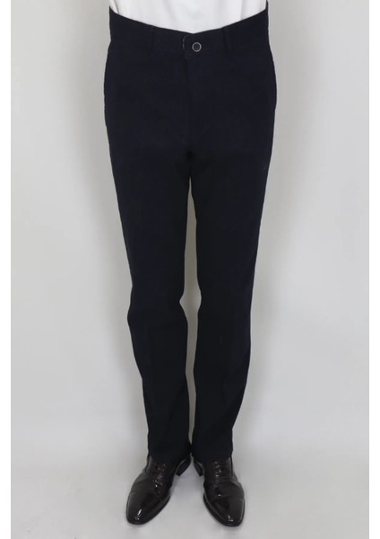 Fistan Store Erkek Lacivert Rahat Kalıp Yandan Cepli Boru Paça Büyük Beden Kışlık Keten Pantolon