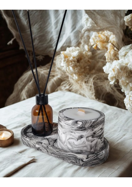 Siyah Beyaz Geçişli, Dekoratif Tabakta, Lavanta Kokulu ,ahşap Fitilli Mum ve Oda Kokusu 2'li Set fırsatları