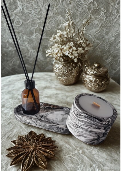 Siyah Beyaz Geçişli, Dekoratif Tabakta, Lavanta Kokulu ,ahşap Fitilli Mum ve Oda Kokusu 2'li Set indirimleri