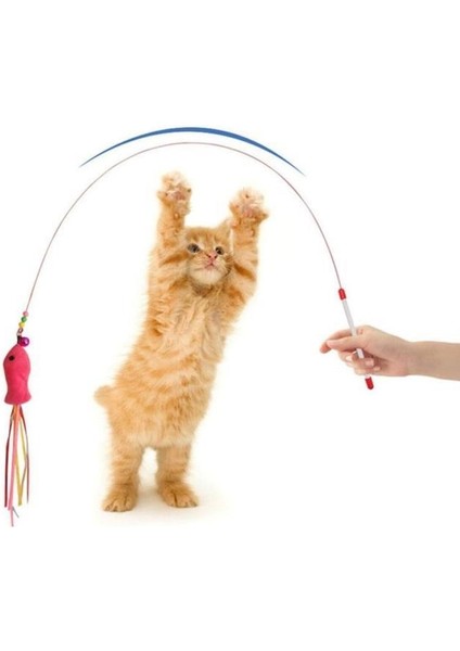 Renkli Zilli Kedi Balık Tutma Oyun Oltası Kırılmaz Peluş Balıklı Oyuncağı Olta 90 cm