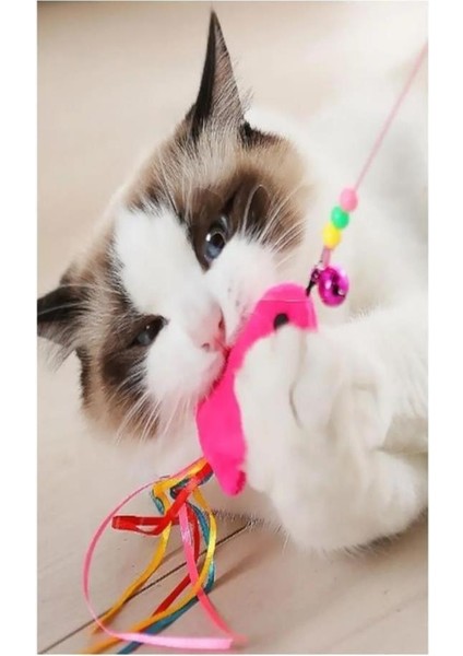 Renkli Zilli Kedi Balık Tutma Oyun Oltası Kırılmaz Peluş Balıklı Oyuncağı Olta 90 cm