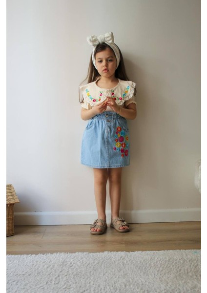 Çiçek Nakışlı Kot Etek kız Takımı günlük rahat okul kombini