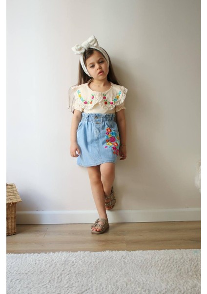 Çiçek Nakışlı Kot Etek kız Takımı günlük rahat okul kombini fiyatları