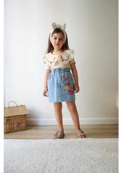 Çiçek Nakışlı Kot Etek kız Takımı günlük rahat okul kombini modelleri