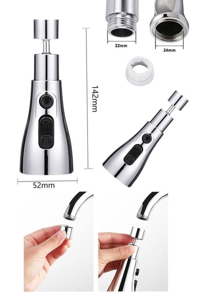 3 Fonksiyonlu Metalik Musluk Başlığı Fonksiyonel Tazyikli Musluk Aparatı 1 Adet modelleri