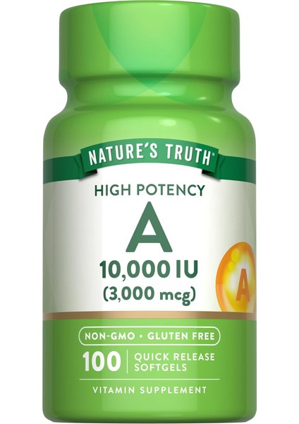 Nature's Truth, Vitamin A, High Potency, 10,000u (3,000 Mcg), 100 Quick Softgels