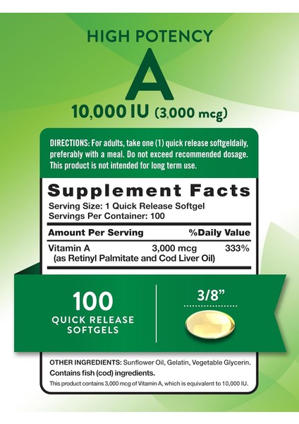 Nature's Truth, Vitamin A, High Potency, 10,000u (3,000 Mcg), 100 Quick Softgels