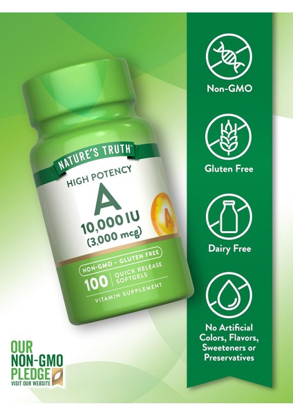Nature's Truth, Vitamin A, High Potency, 10,000u (3,000 Mcg), 100 Quick Softgels