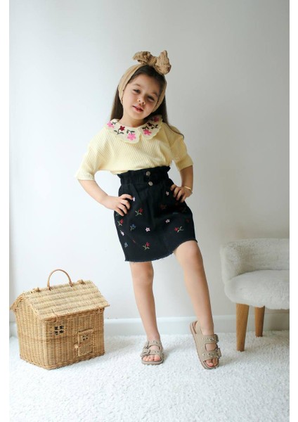 Nakışlı Siyah Kot Etek Bebe Yakalı Bluz kız Takım günlük rahat okul kombini