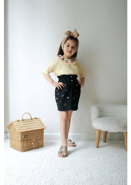 Nakışlı Siyah Kot Etek Bebe Yakalı Bluz kız Takım günlük rahat okul kombini fiyatları