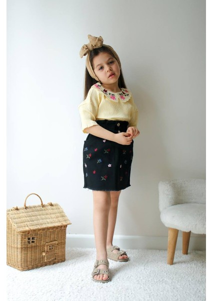 Nakışlı Siyah Kot Etek Bebe Yakalı Bluz kız Takım günlük rahat okul kombini modelleri