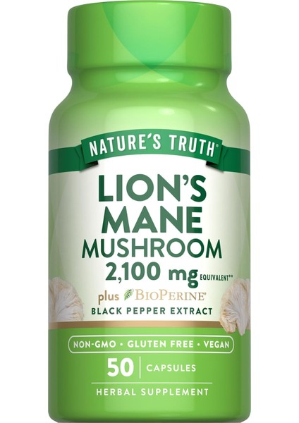 Nature's Truth, Lion's Mane(Aslan Yelesi Mantarı) Mushroom Plus Bioperine®, 2100 50 Capsules
