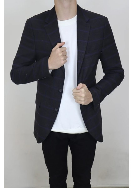 Moda Fistan Store Erkek Siyah Ekose Kareli Italyan Kesim Dar Kalıp Çift Düğme Kışlık Blazer Ceket
