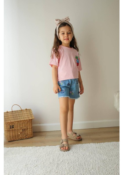Pembe T-Shirt Kot Şort Takımı