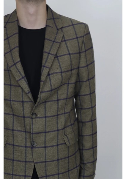 Moda Fistan Store Erkek Ekose Kareli Italyan Kesim Dar Kalıp Çift Düğme Kışlık Blazer Ceket
